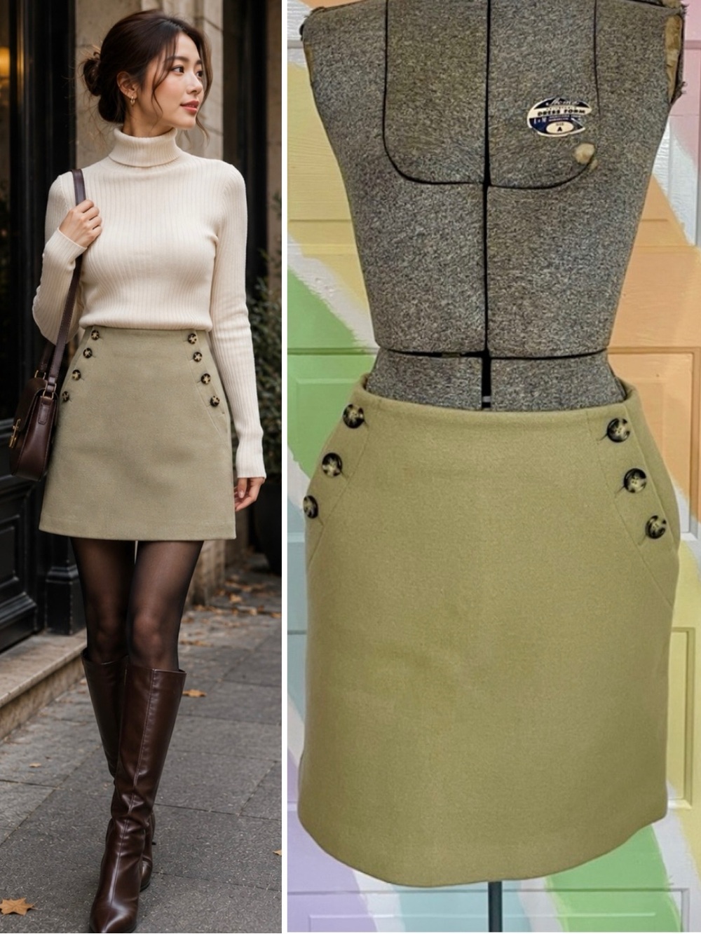 SLOBE IENA Tailored Wool Skirt Khaki Button Detail Japanese Designer 40/8 💛🎀